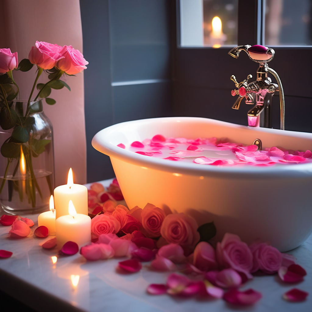romantic bathtub with rose petals and candles